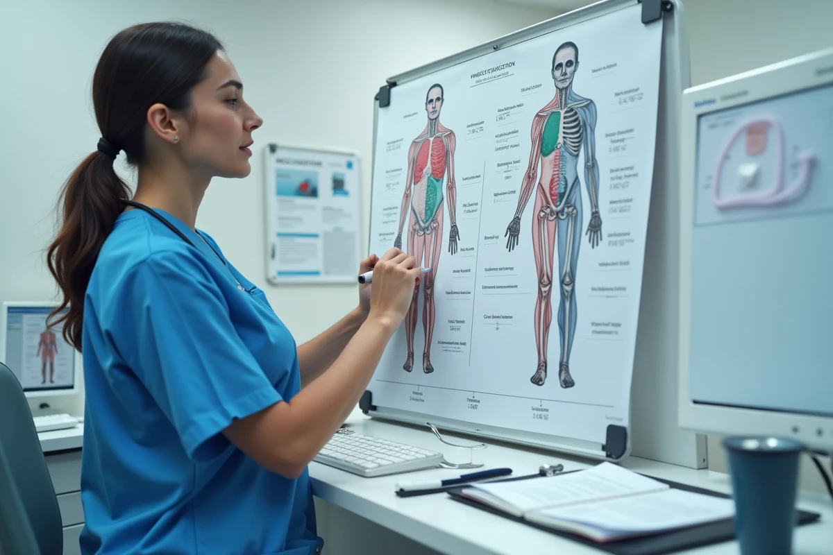 Professionnelle de santé annotant un tableau médical sur la composition corporelle, le volume sanguin et le poids sur un tableau blanc dans un hôpital