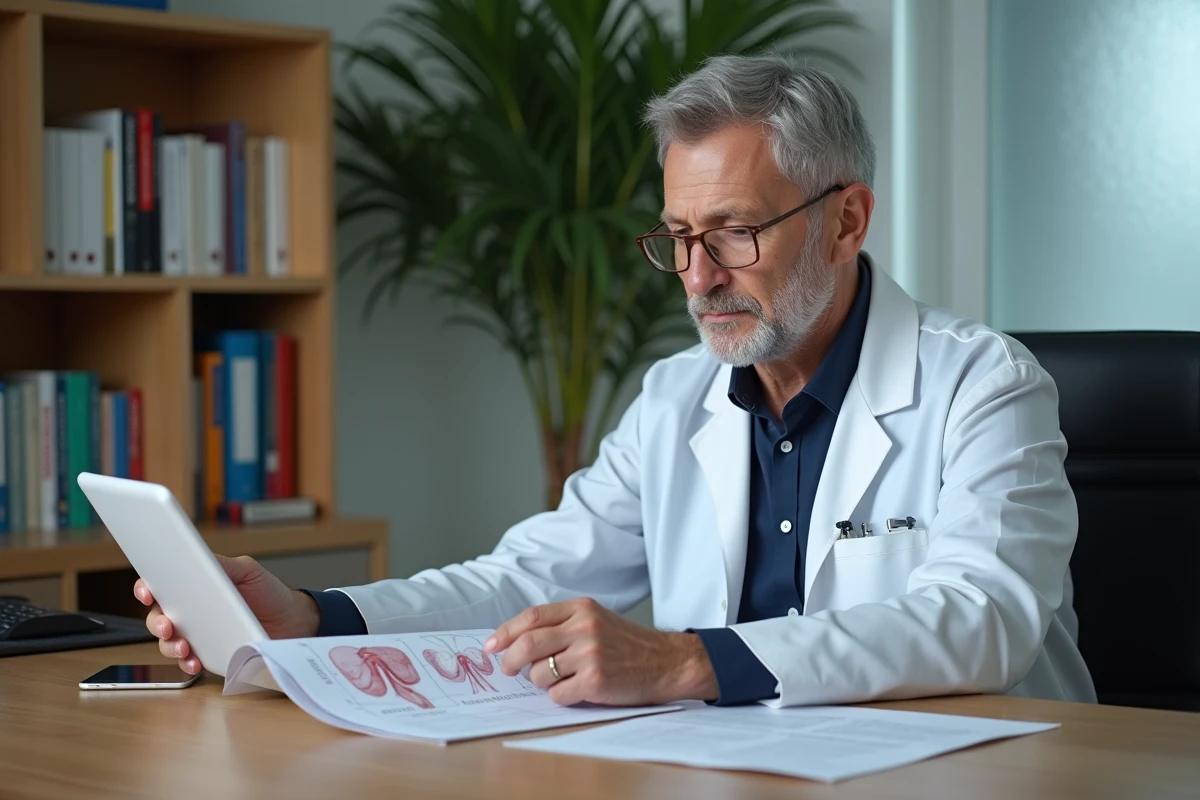 Médecin urologue en blouse blanche examinant un rapport médical avec des schémas du système urinaire lors d'une consultation spécialisée