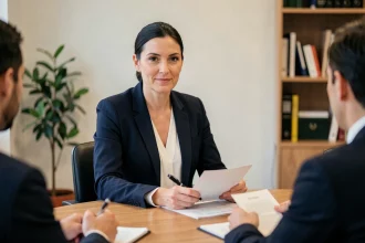 Médiatrice professionnelle assise à une table de conférence lors d'une séance de médiation médicale