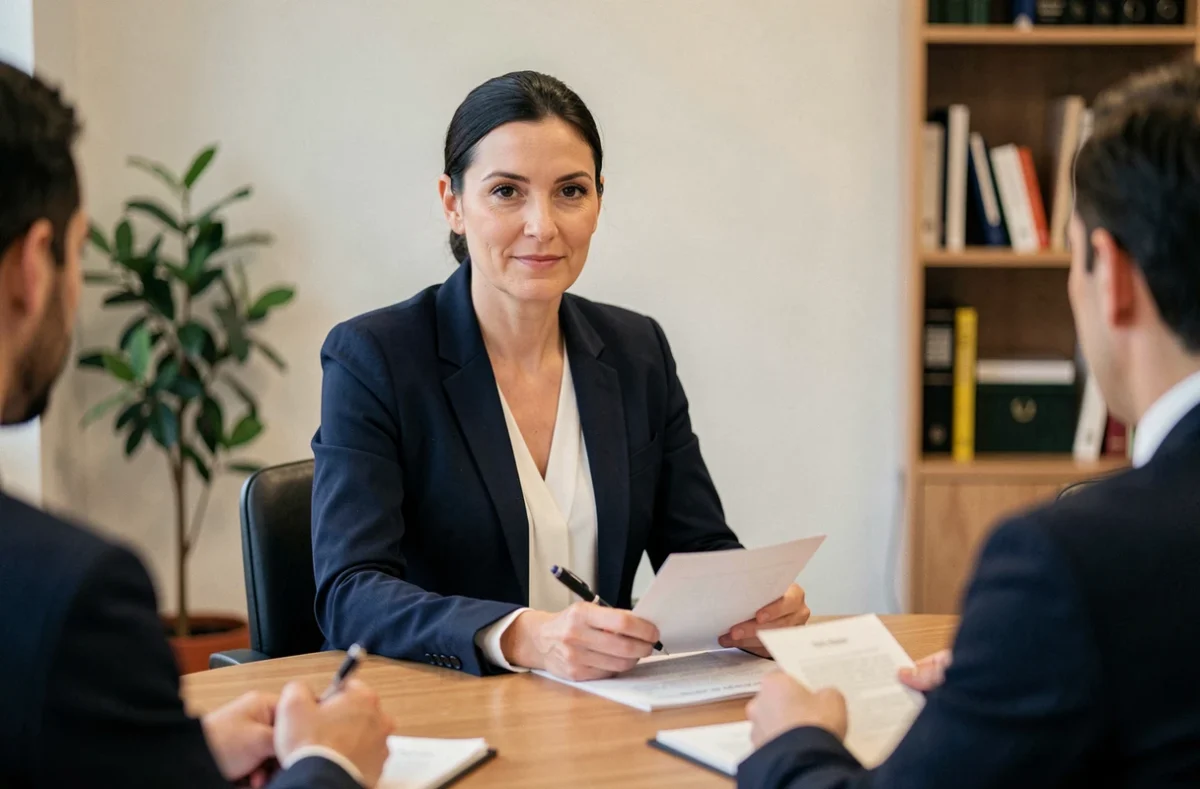 Médiatrice professionnelle assise à une table de conférence lors d'une séance de médiation médicale