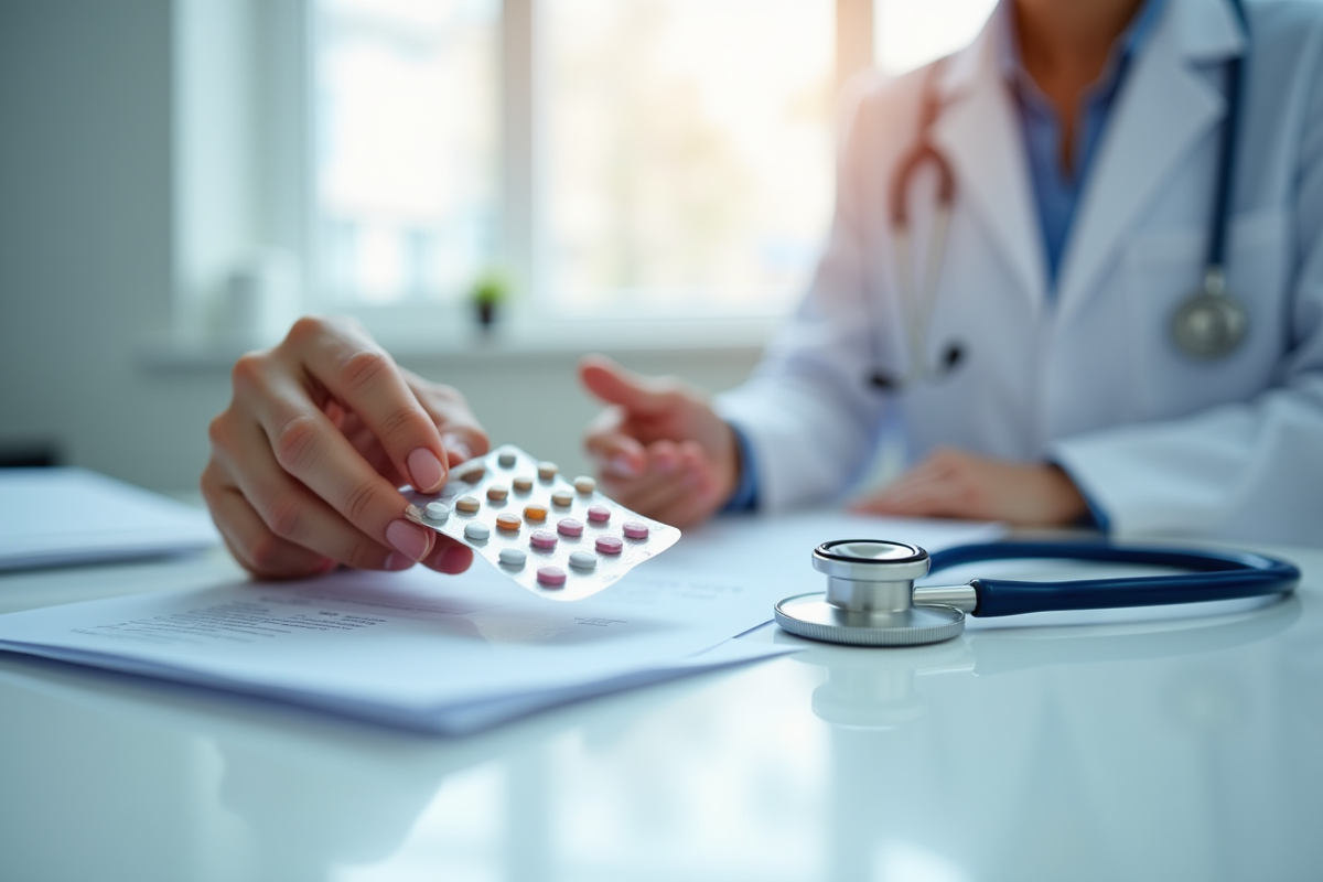 Main tenant un blister de médicaments sur un bureau médical lumineux