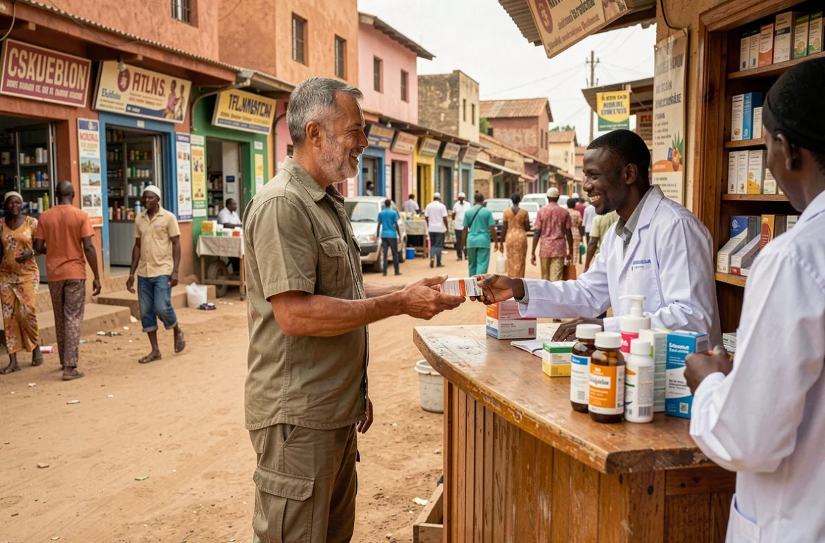 Voyageur récupérant des médicaments antipaludéens dans une pharmacie locale en Tanzanie avant de partir en safari