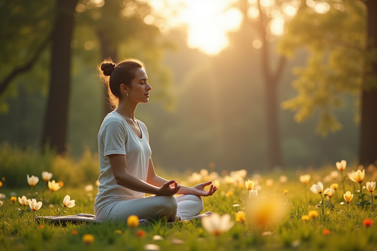 Personne méditant seul dans un parc au matin entourée de fleurs