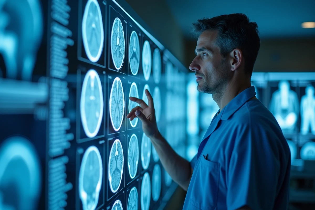 Neurochirurgien examinant des images IRM cérébrales dans un service de neurochirurgie à Tours pour la prise en charge des traumatismes crâniens chez les sportifs