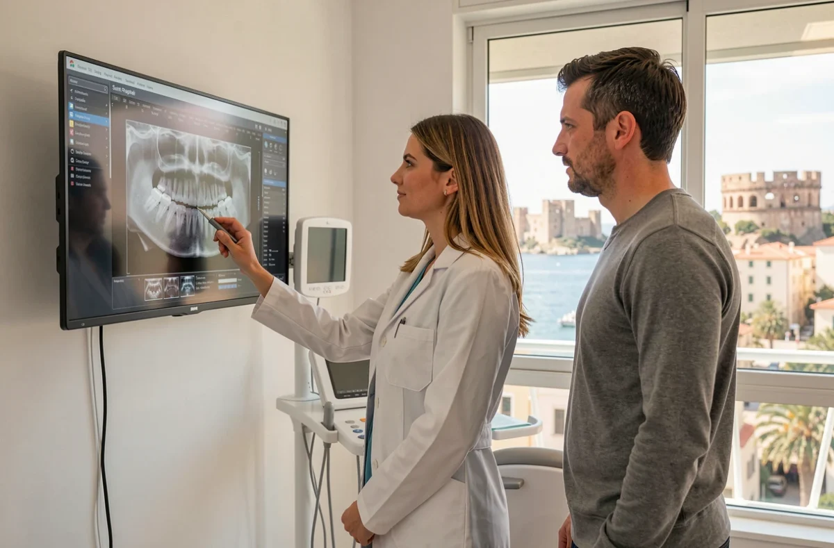 Dentiste et patient consultant une radiographie dans un cabinet de la zone Fréjus-Saint-Raphaël