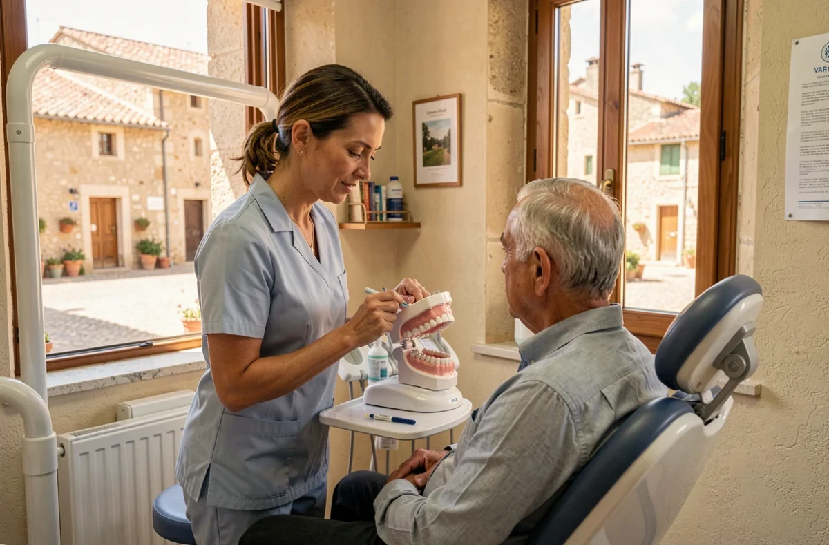 Hygiéniste dentaire expliquant les soins à un patient dans un cabinet du centre Var