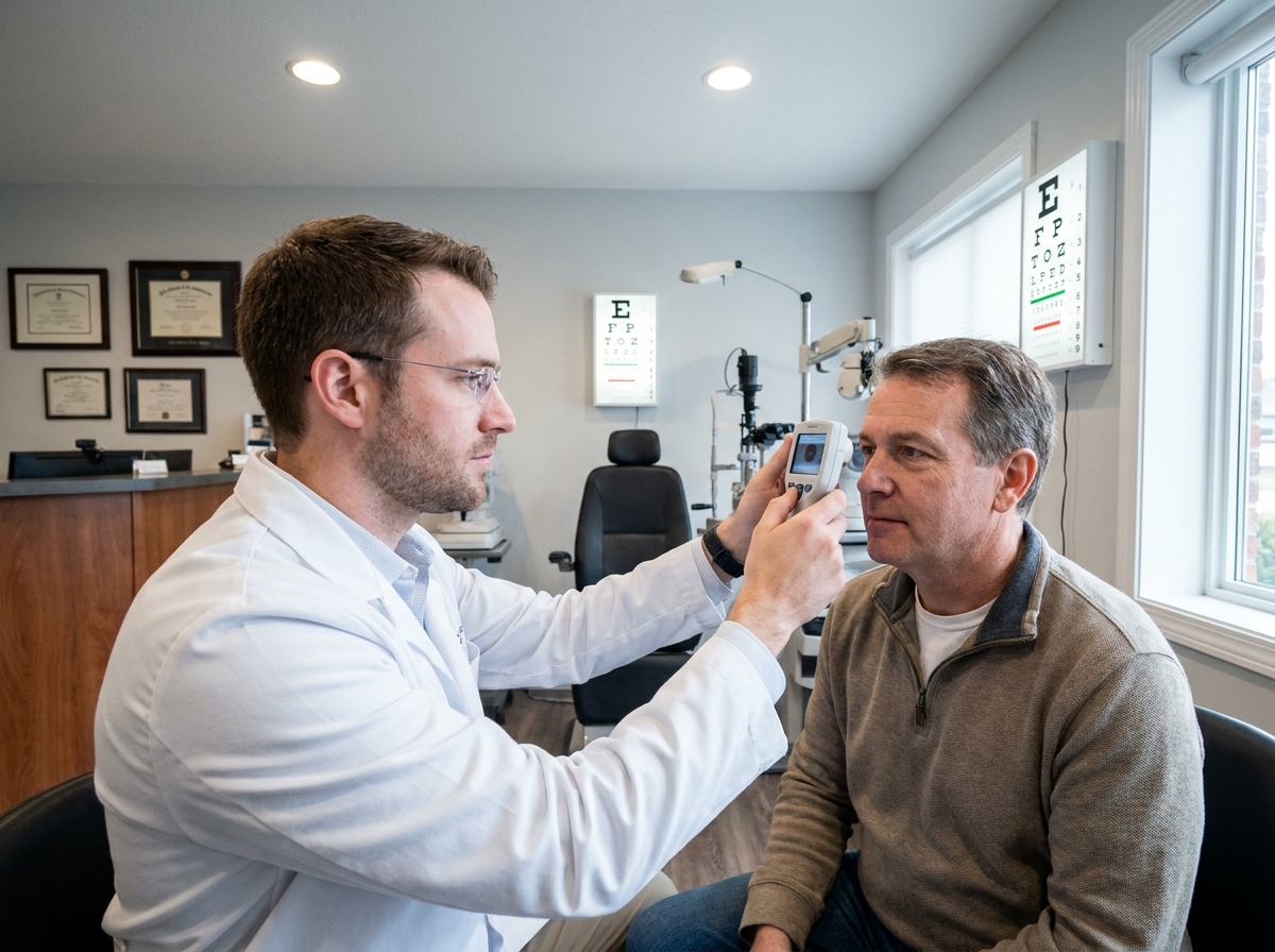 Opticien professionnel mesurant la vue d'un client dans un cabinet d'optique à Bourbourg