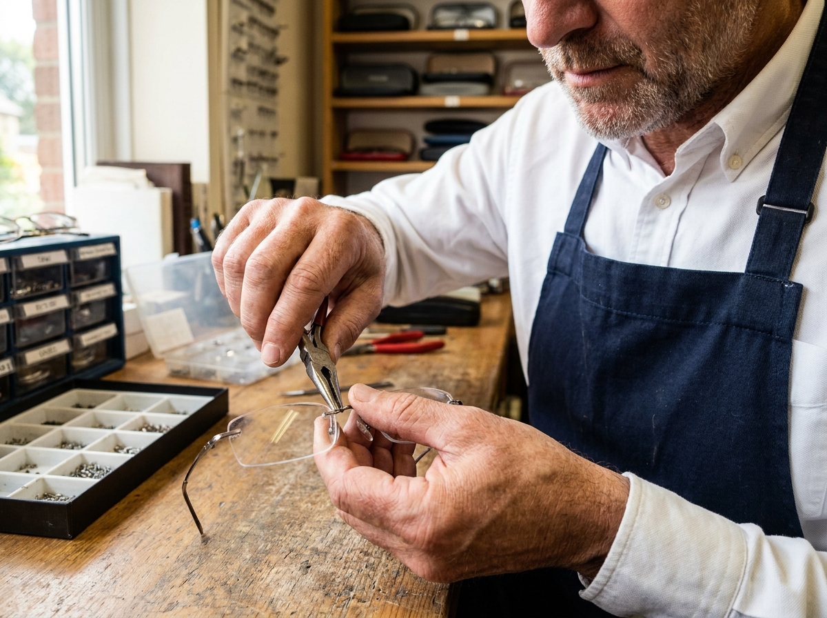 Opticien indépendant réparant des lunettes à la main dans son atelier artisanal avec des outils de précision