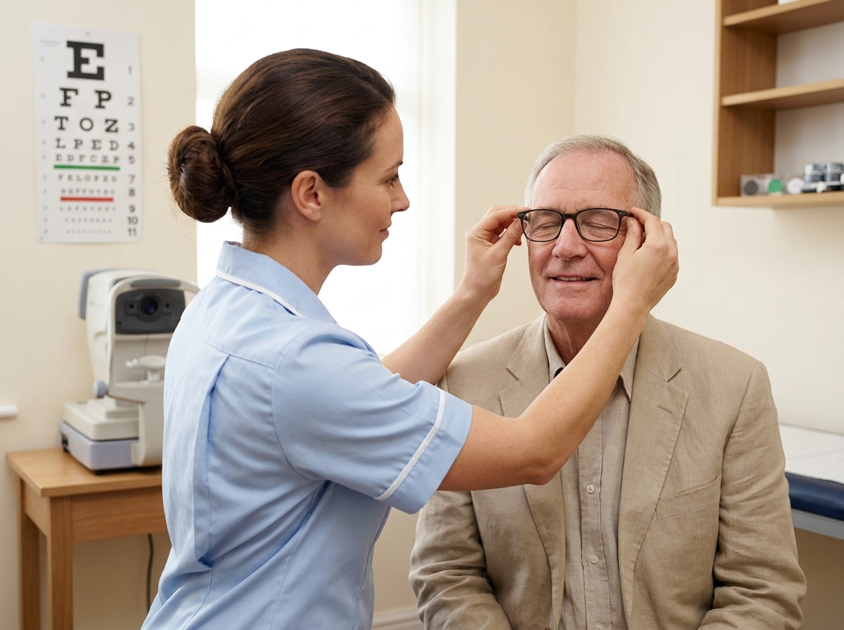 Une opticienne ajuste les lunettes d'un patient âgé dans la salle d'examen d'une optique de quartier