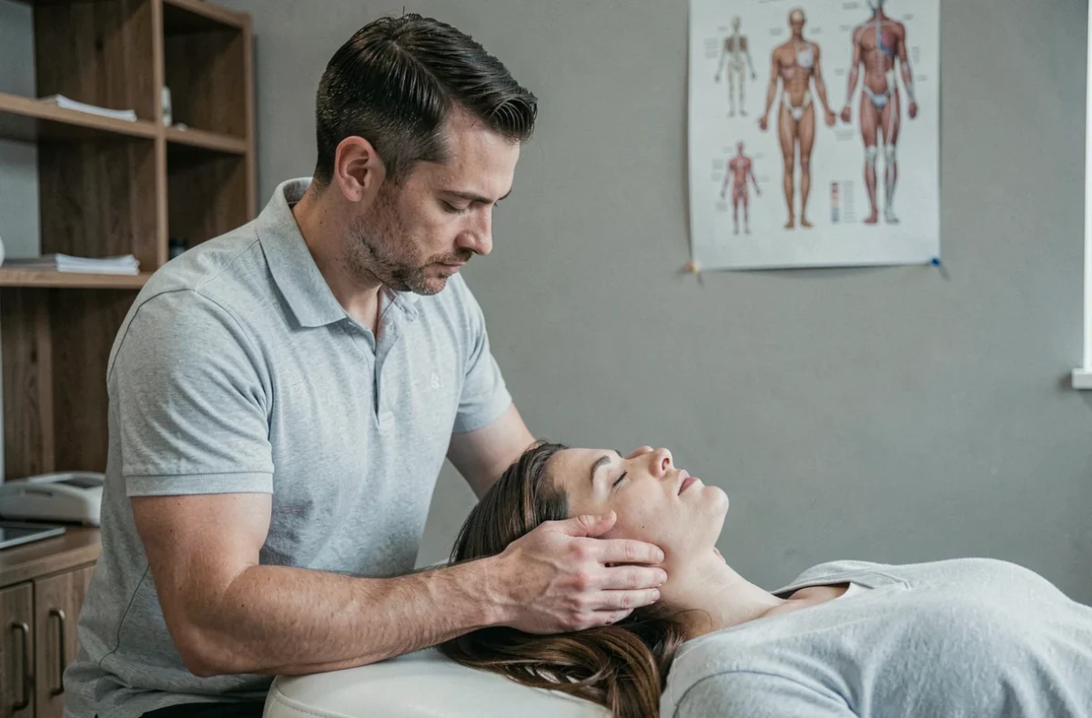 Ostéopathe effectuant une manipulation de la mâchoire sur une patiente allongée, dans un cabinet d'ostéopathie calme et professionnel