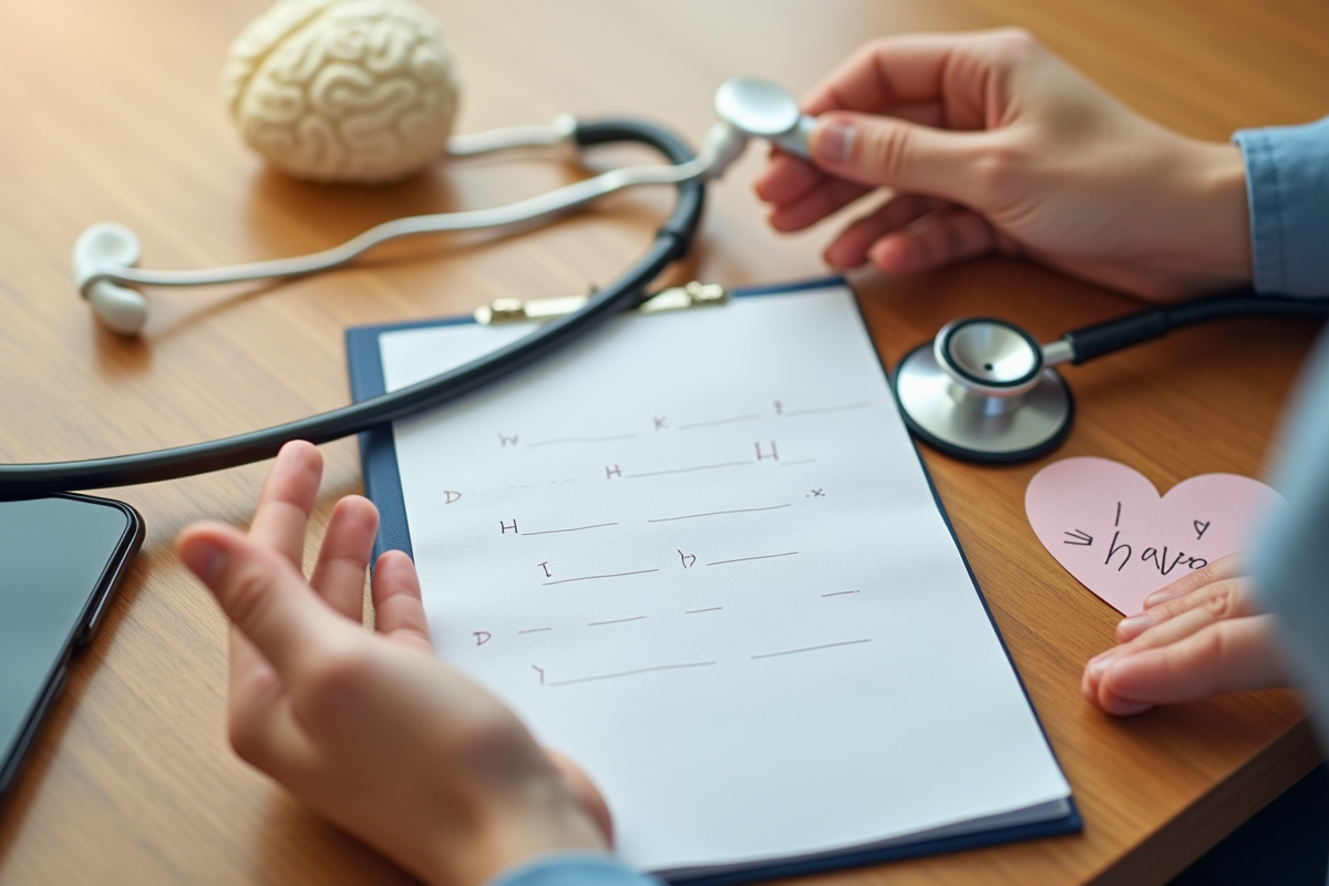 Mains tenant des outils de thérapie comme un carnet et un stéthoscope