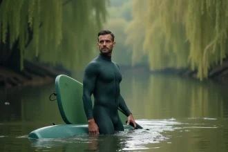 Homme en combinaison néoprène pratiquant le paddle sur une rivière d'eau douce, vigilant face aux risques de morsure de brochet