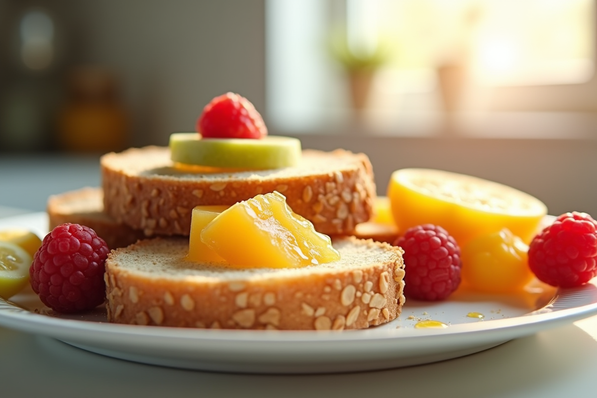 Tranches de pain multigrains avec miel et fruits frais colorés