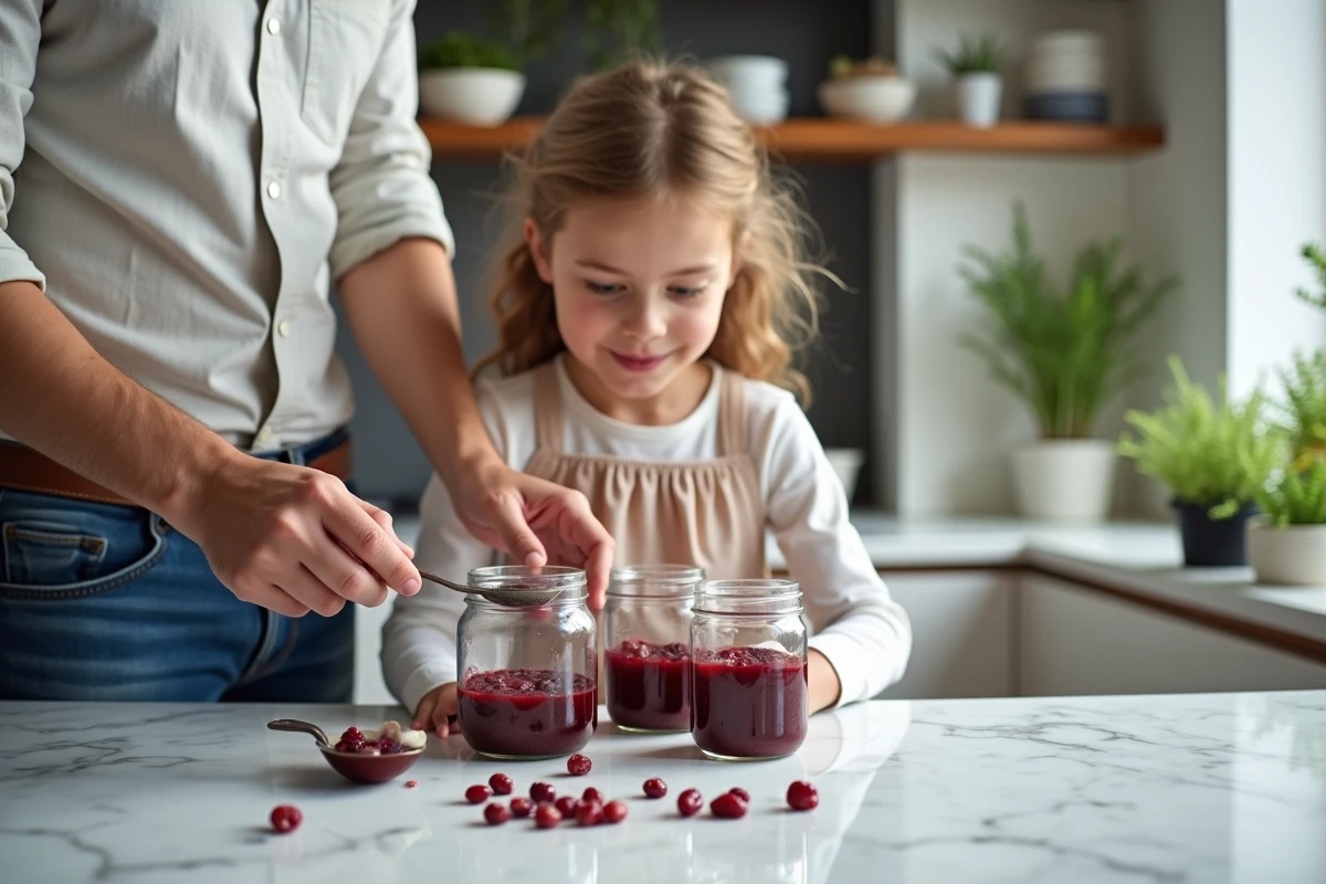 P&egrave;re aidant sa fille &agrave; servir la compote dans la cuisine lumineuse