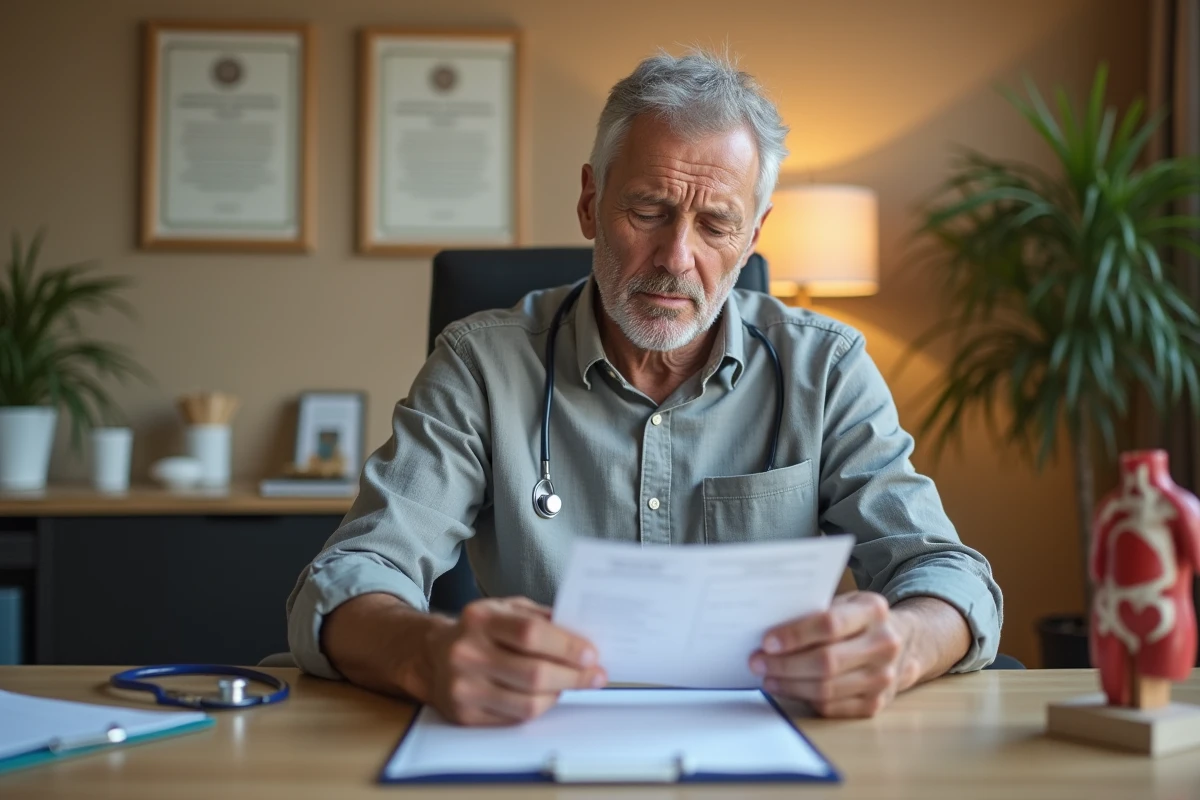 Patient consultant ses résultats d'analyse de sang chez un médecin avec une expression préoccupée