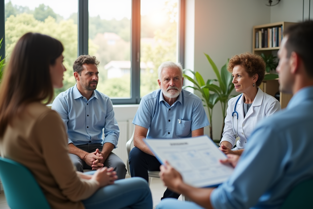 Patients discutant avec un spécialiste dans un cabinet ensoleille