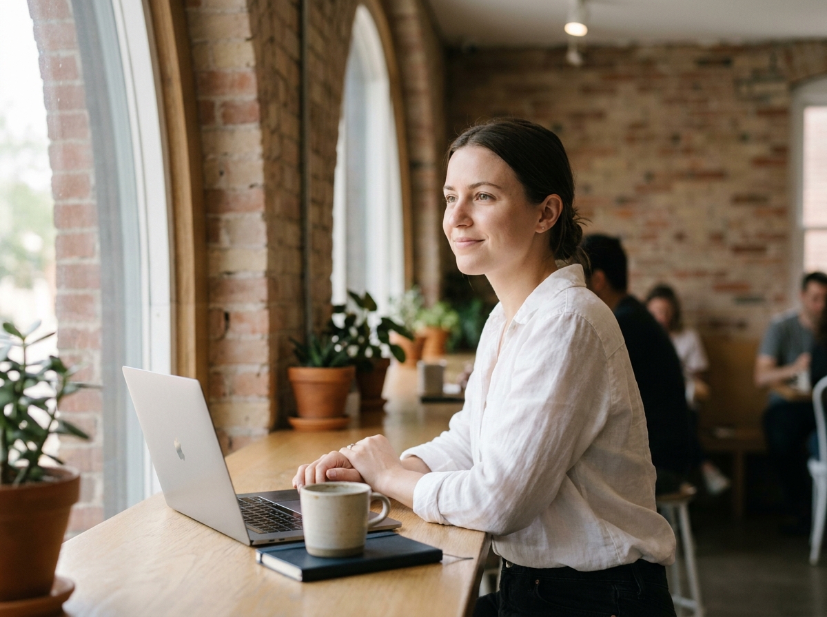 Jeune femme faisant une pause visuelle loin de son écran dans un café pour reposer ses yeux