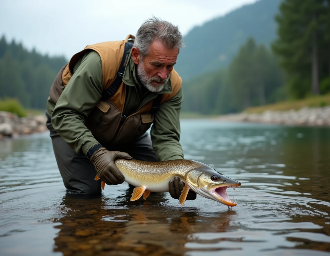 P&ecirc;cheur portant des gants de protection rel&acirc;chant un brochet dans une rivi&egrave;re, illustrant les pr&eacute;cautions contre les morsures