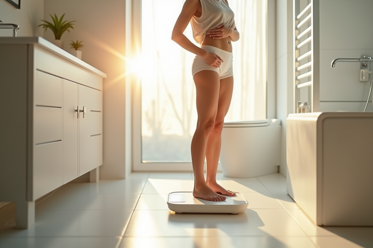 Personne sur la balance dans une salle de bain lumineuse