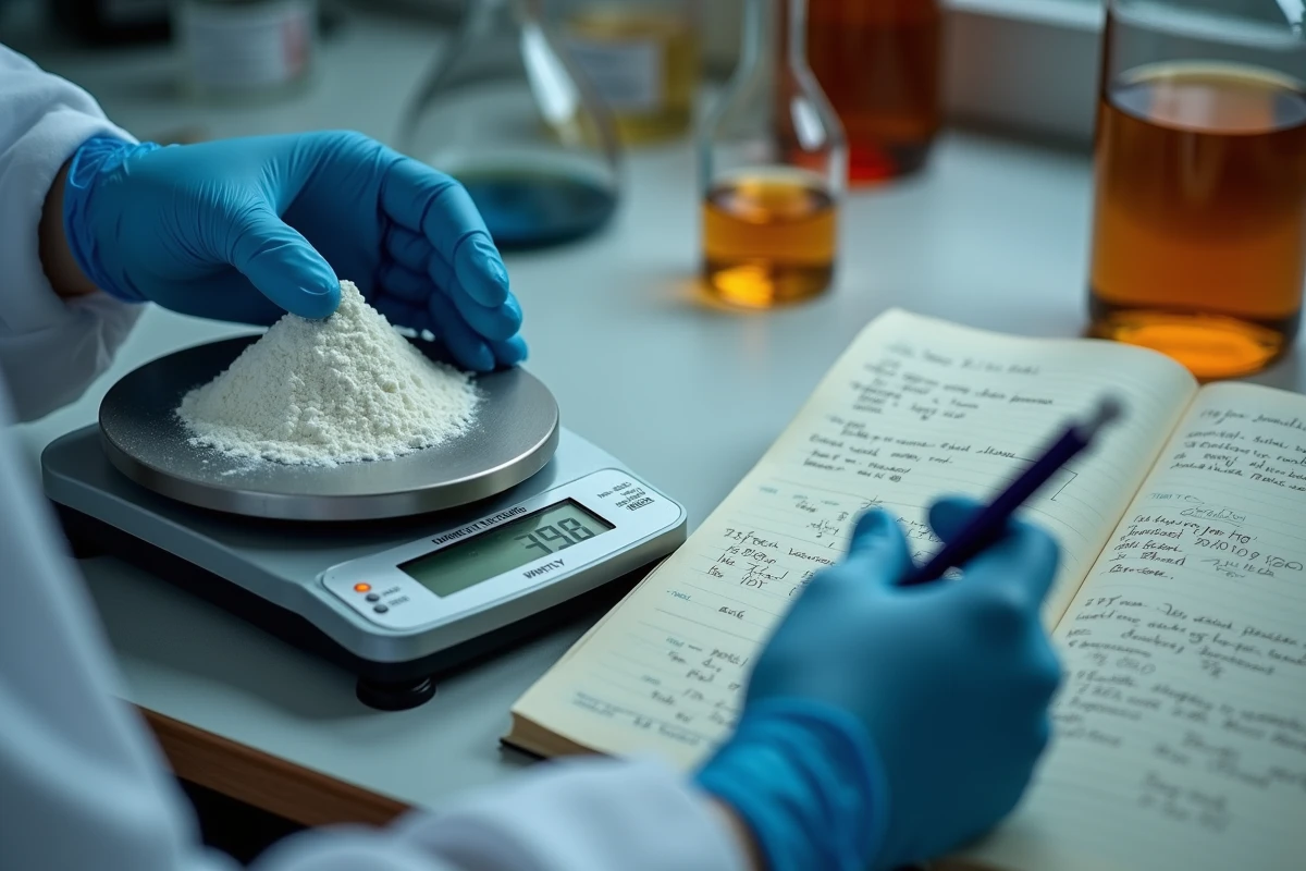 Pesée d'un soluté sur balance de précision pour calculer la concentration molaire avec fiole jaugée et notes manuscrites