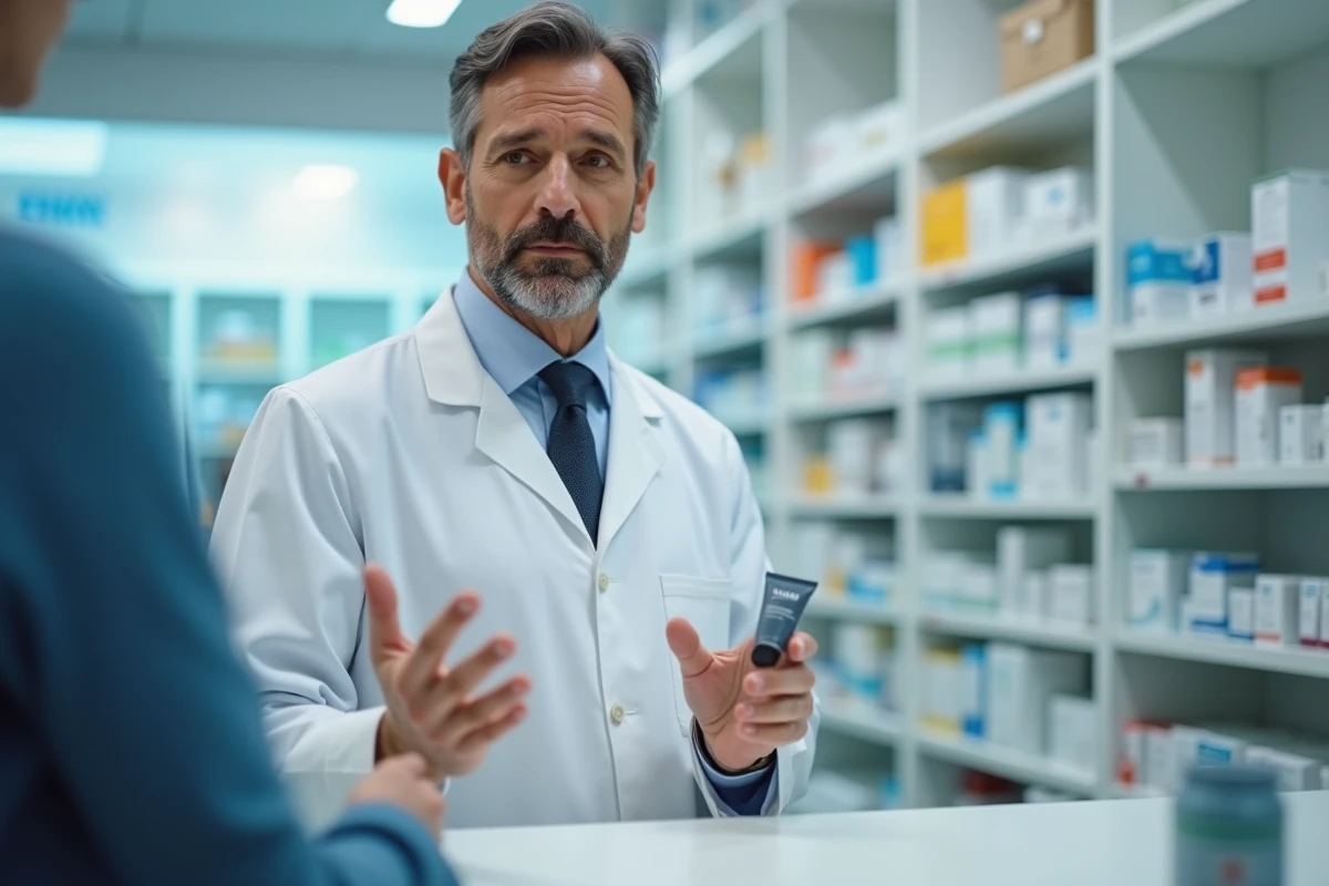 Pharmacien conseillant l'utilisation du phytargile concentré pour les mains en pharmacie