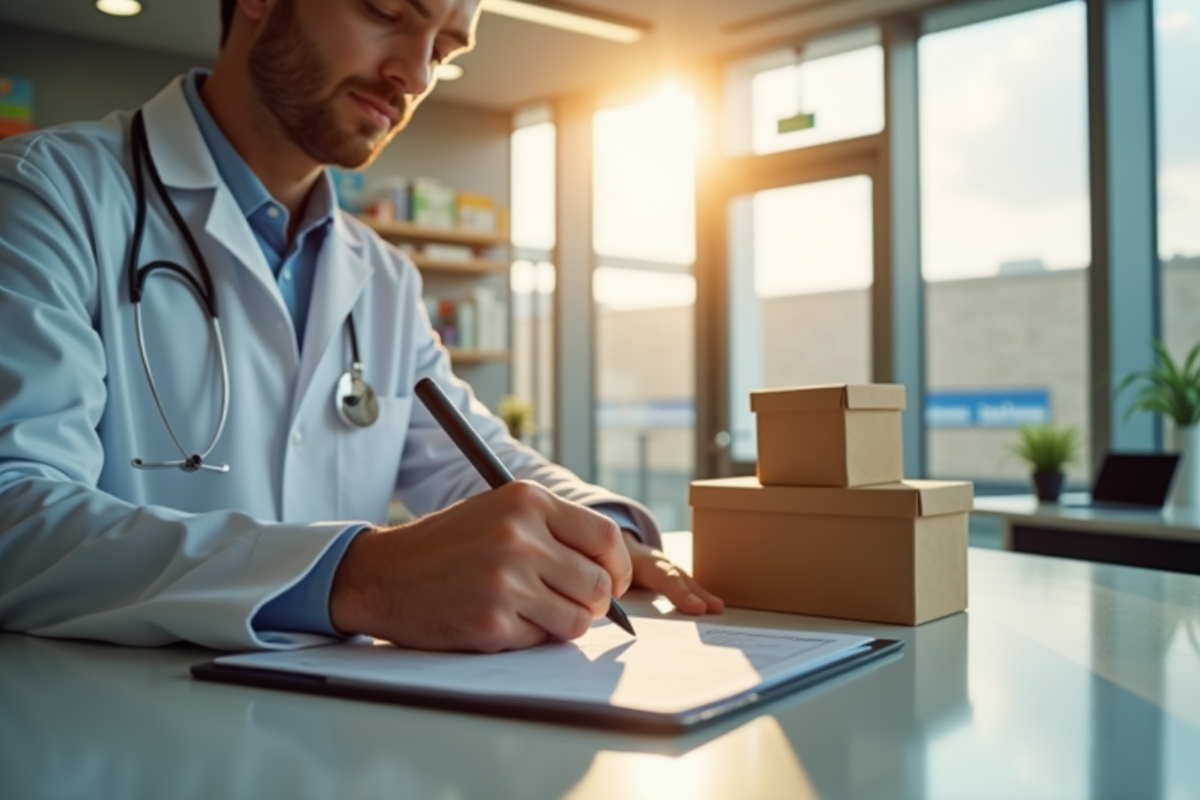 Pharmacien vérifiant et signant l