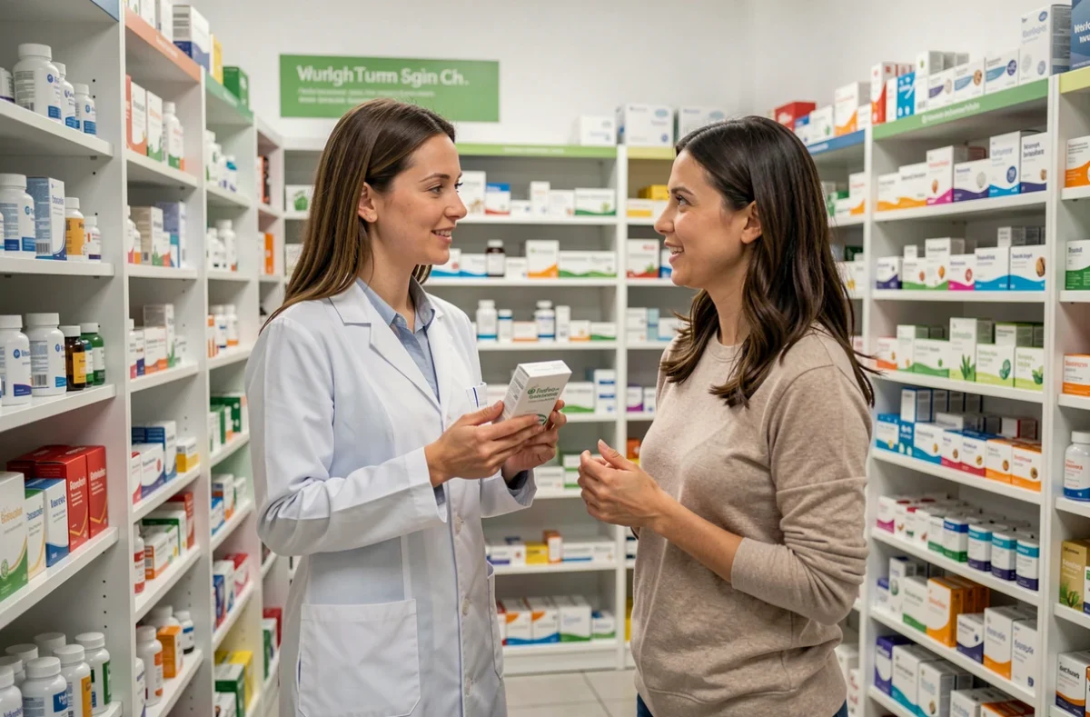 Pharmacienne conseillant une cliente sur un brûleur de graisse vendu en pharmacie