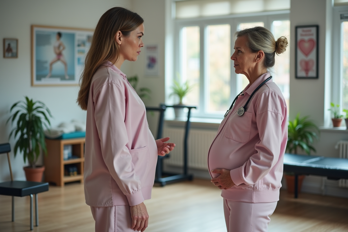 Physiotherapeute conseillant une femme enceinte en studio