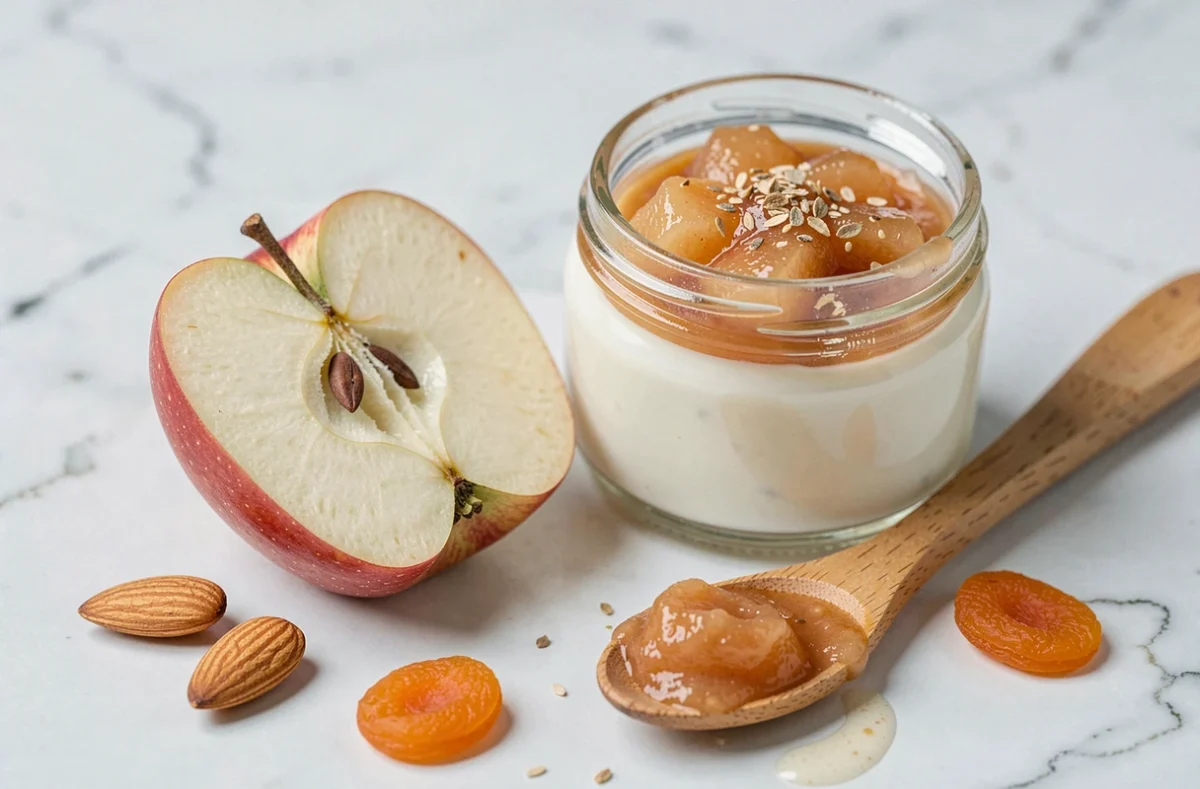 Gros plan sur une pomme coupée, un yaourt à la compote de pomme et des amandes sur marbre blanc, associations alimentaires anti-constipation