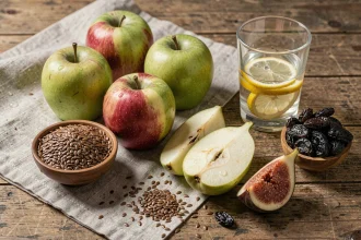 Assortiment de pommes, pruneaux, figues et graines de lin sur une table en bois rustique, aliments riches en fibres pour favoriser le transit intestinal