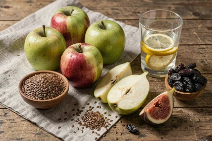 Assortiment de pommes, pruneaux, figues et graines de lin sur une table en bois rustique, aliments riches en fibres pour favoriser le transit intestinal