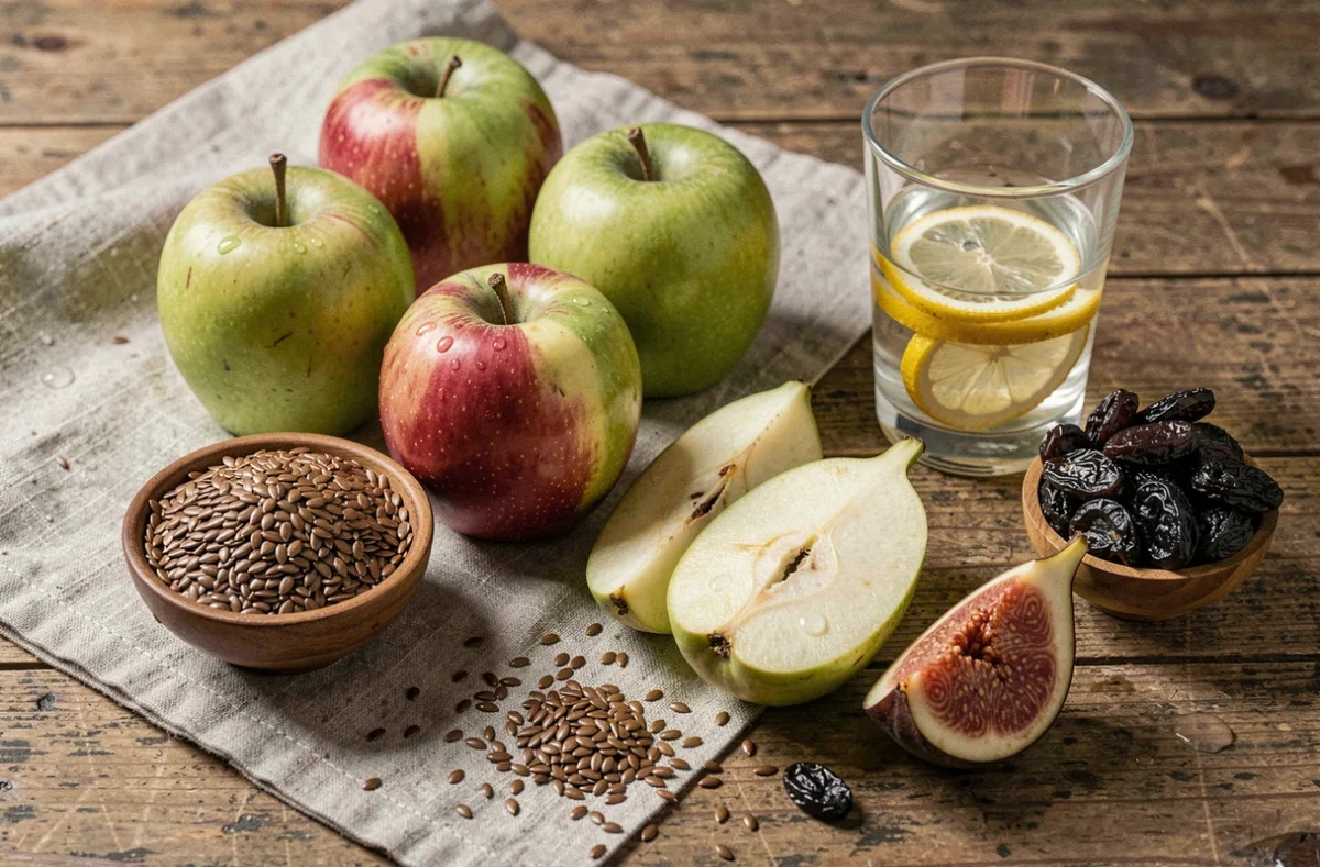 Assortiment de pommes, pruneaux, figues et graines de lin sur une table en bois rustique, aliments riches en fibres pour favoriser le transit intestinal