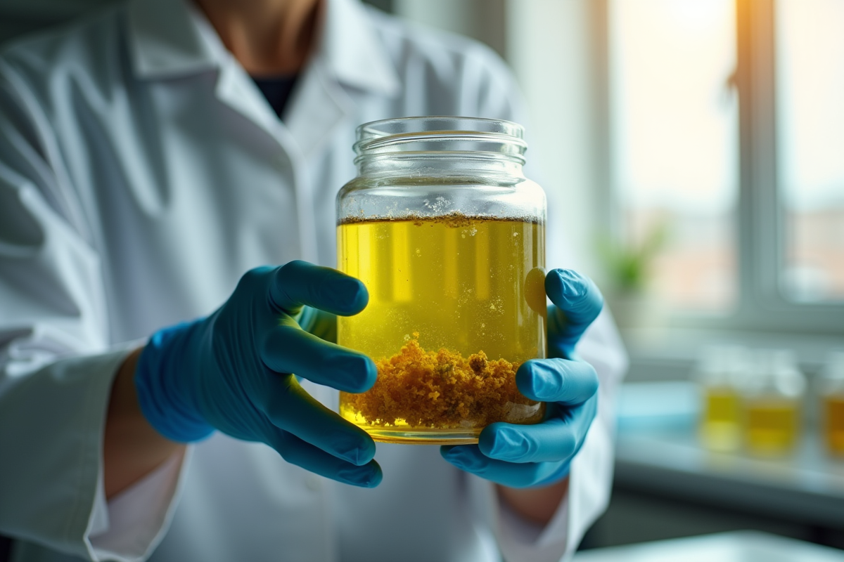 Scientifique tenant un bocal avec des echantillons d