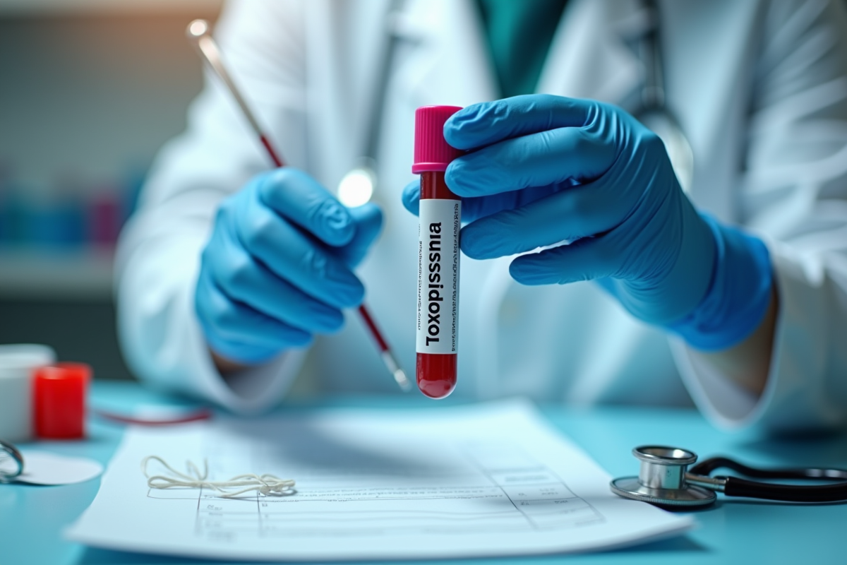 Mains gantées tenant un tube à essai Toxoplasma dans un laboratoire