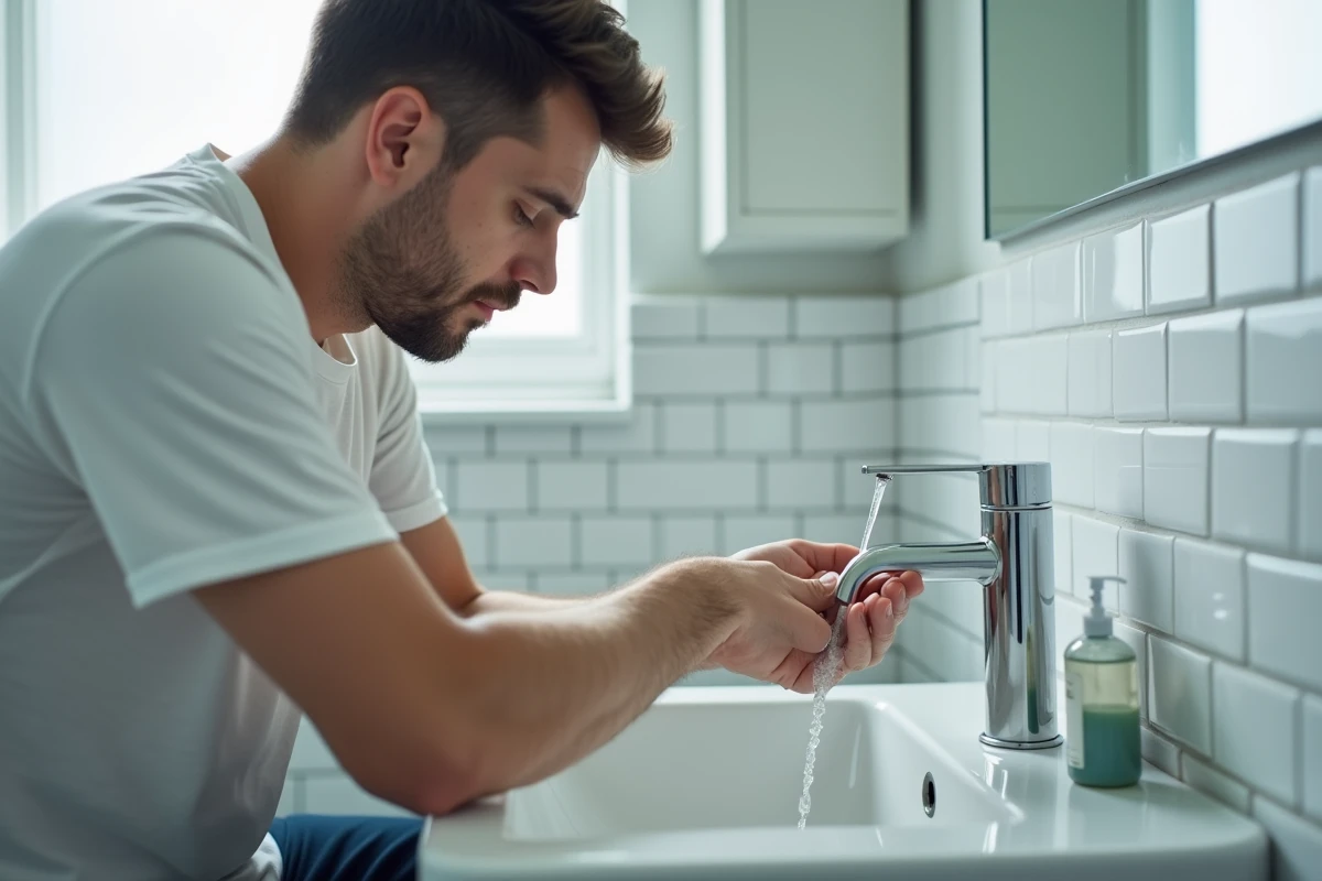 Homme passant son doigt brûlé sous l'eau froide au lavabo de salle de bain