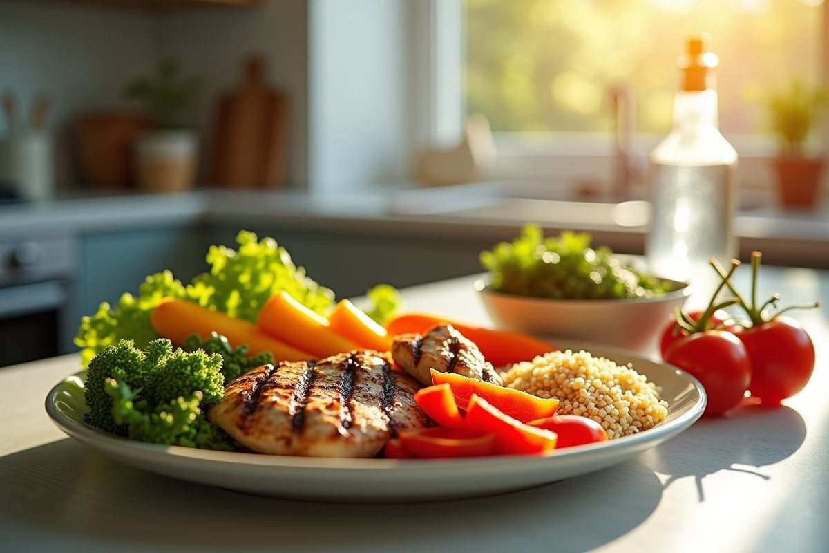 Préparation d un repas sain avec légumes et poulet grillé