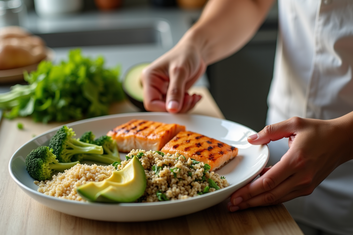 Jeune adulte préparant un repas équilibré avec saumon et brocolis