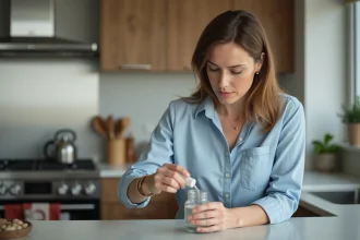 Femme préparant un serum salin maison dans la cuisine