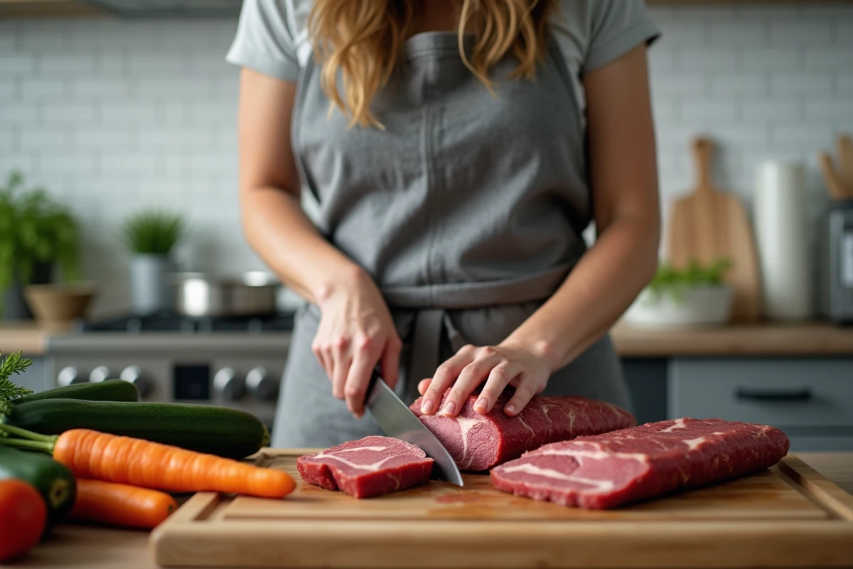 Femme préparant une viande rouge maigre sur une planche à découper dans une cuisine moderne