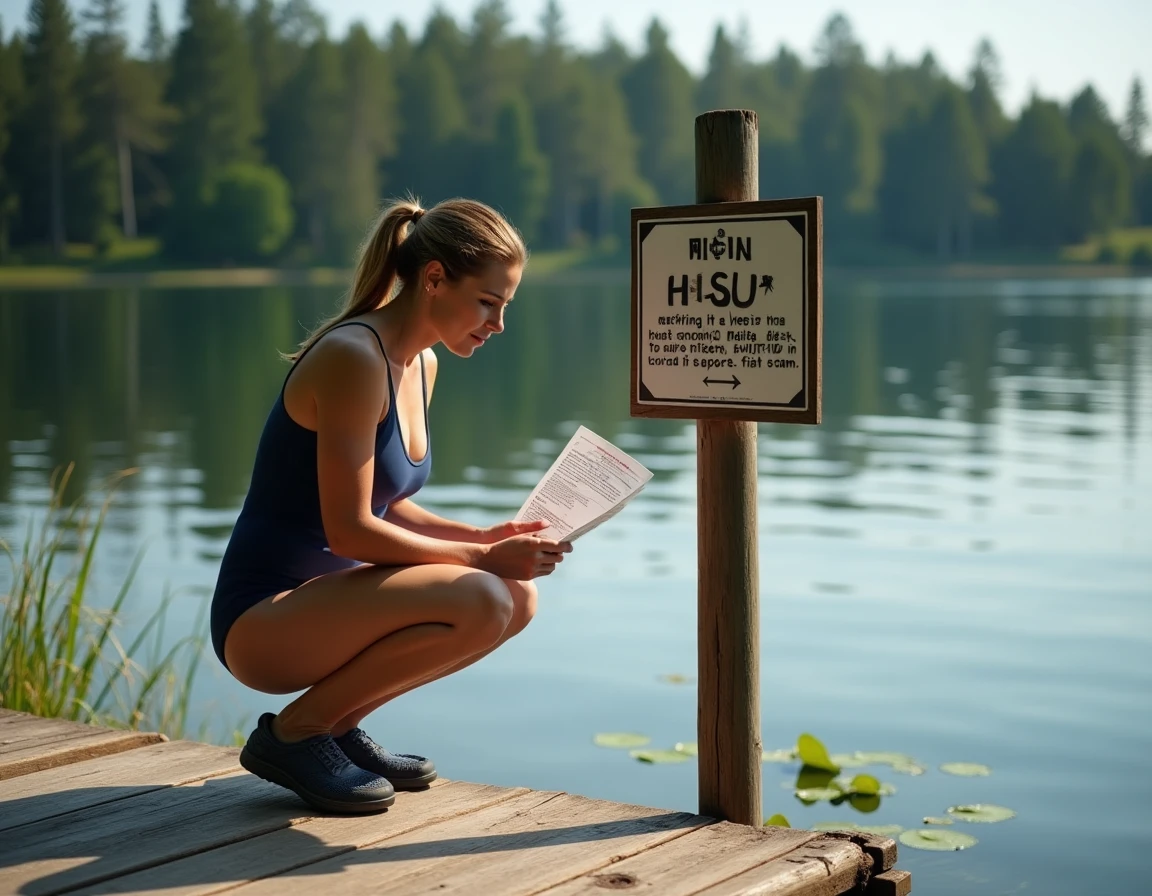 Femme en maillot de bain lisant un panneau de pr&eacute;vention sur les morsures de brochet au bord d'un lac
