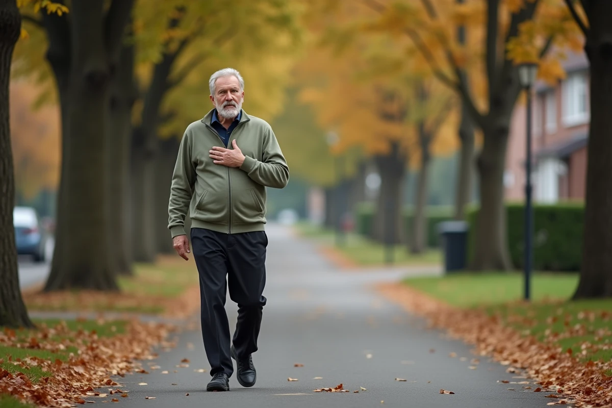 Homme senior se promenant sereinement dans un parc après une intervention cardiaque avec stent, exprimant confiance et récupération