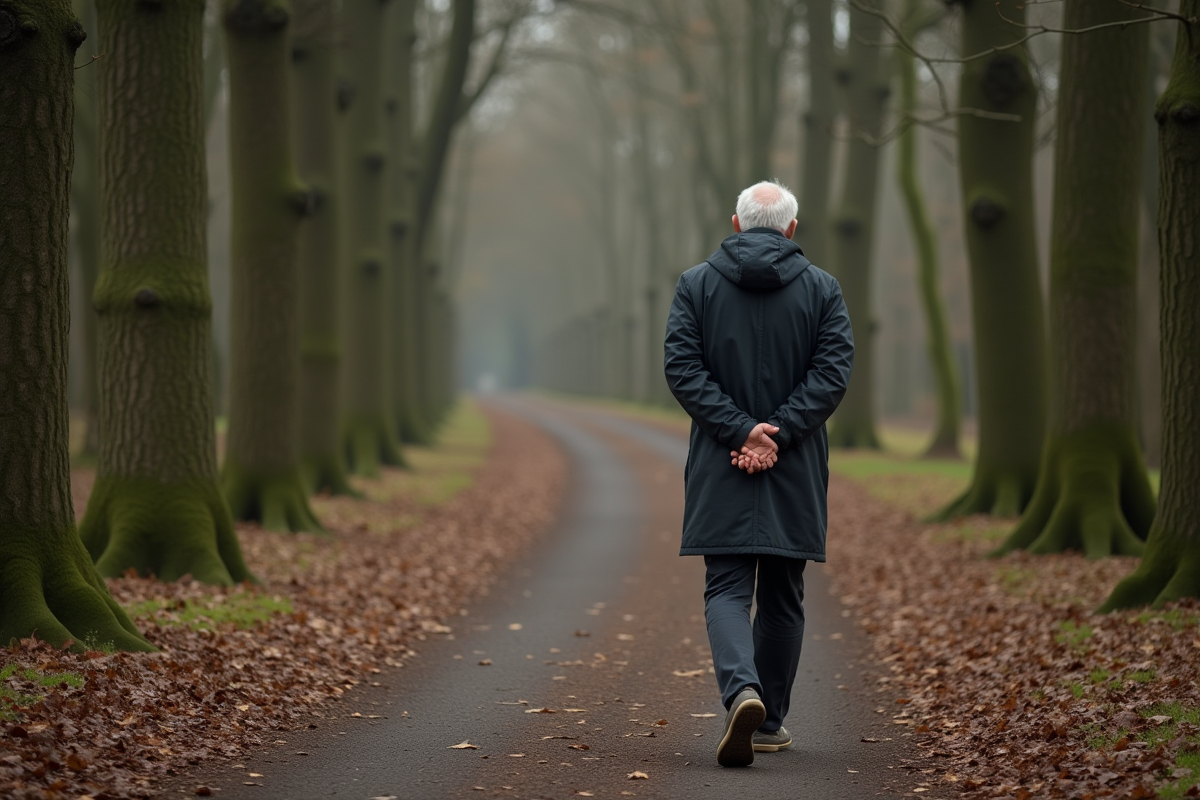 Homme âgé marchant dans la forêt avec un regard paisible