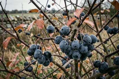 Grappes de baies de prunellier sauvage avec épines sur branches d'automne