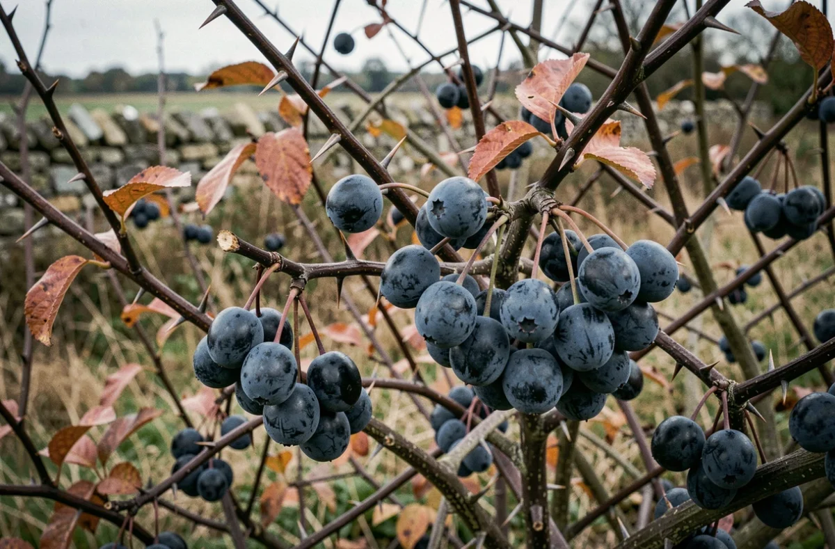 Grappes de baies de prunellier sauvage avec épines sur branches d'automne
