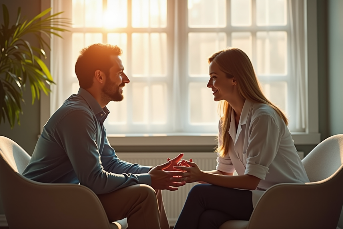 Psychiatre et patient en conversation chaleureuse dans un bureau lumineux