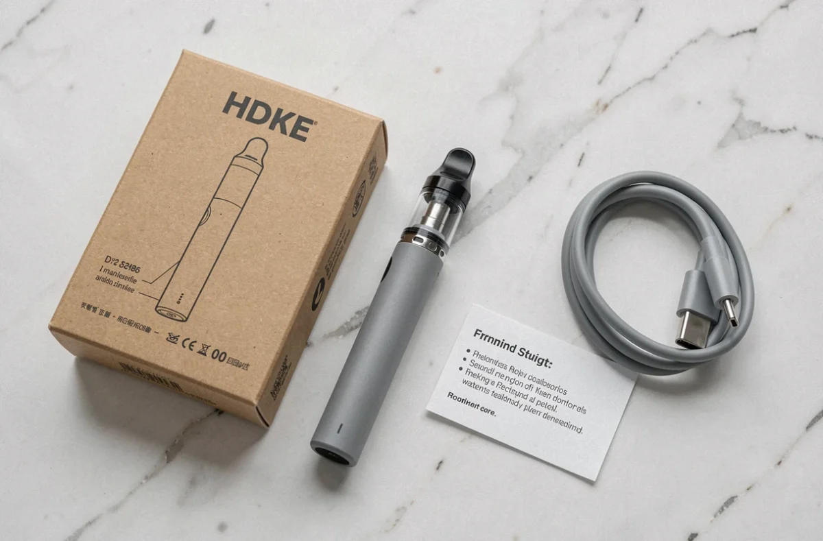 Vue à plat d'une puff 9000 bouffées avec son emballage et câble de recharge sur marbre blanc