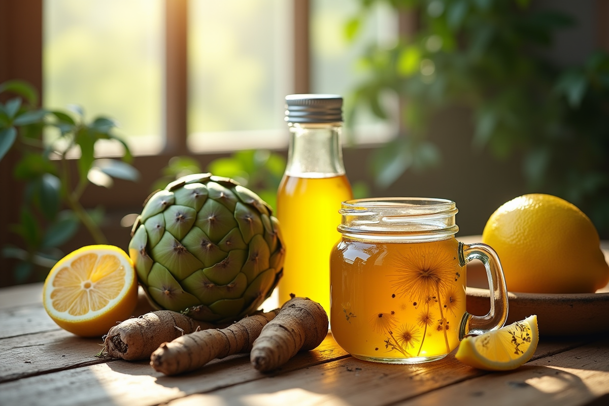 Racines de pissenlit artichaut et citrons sur une table en bois