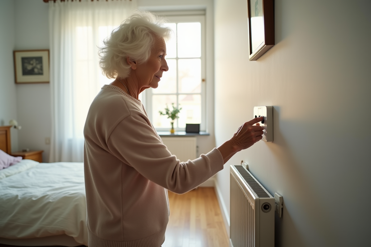 Femme âgée réglant le thermostat d’un radiateur moderne