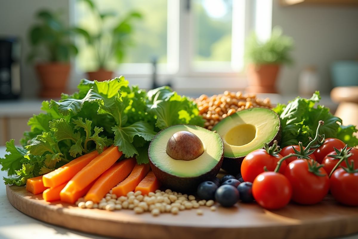 Repas végétal coloré dans une cuisine lumineuse et moderne
