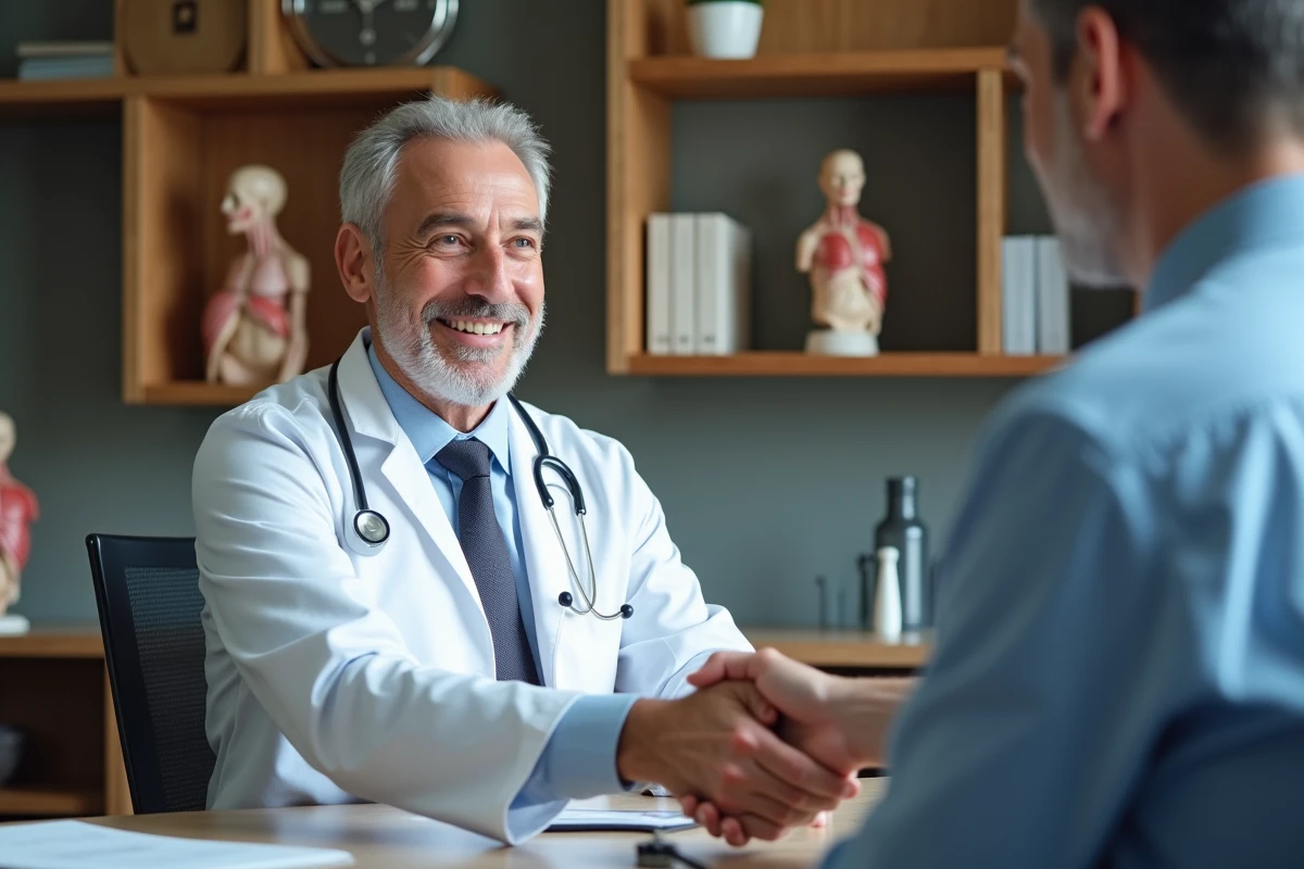 Rhumatologue souriant accueillant un patient